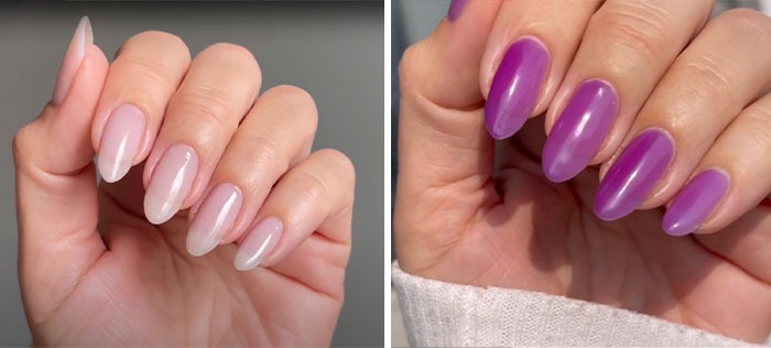 Close-up of hands showing trendy almond nails in soft pink and vibrant purple colors, highlighting almond nails styles.