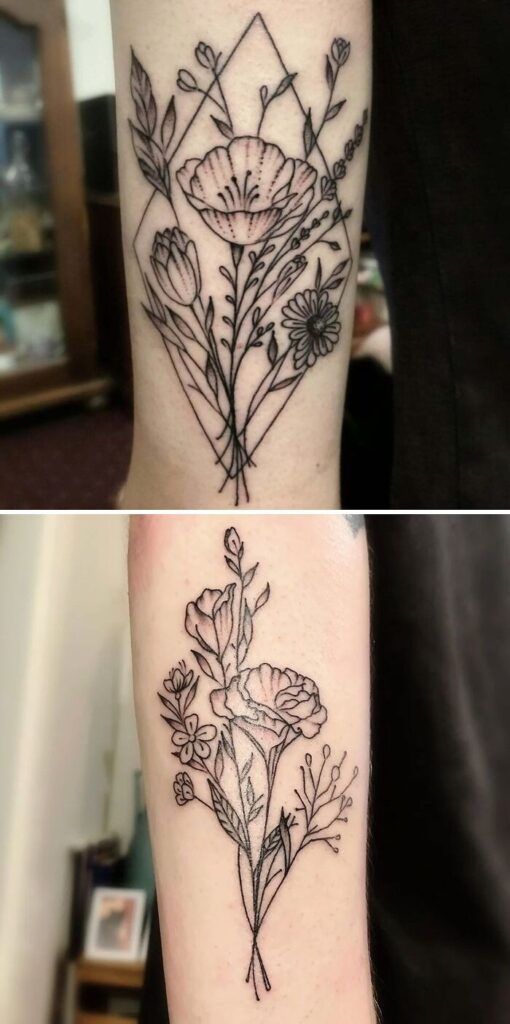 Intricate flower tattoos featuring delicate blossoms and geometric outlines on forearm skin.